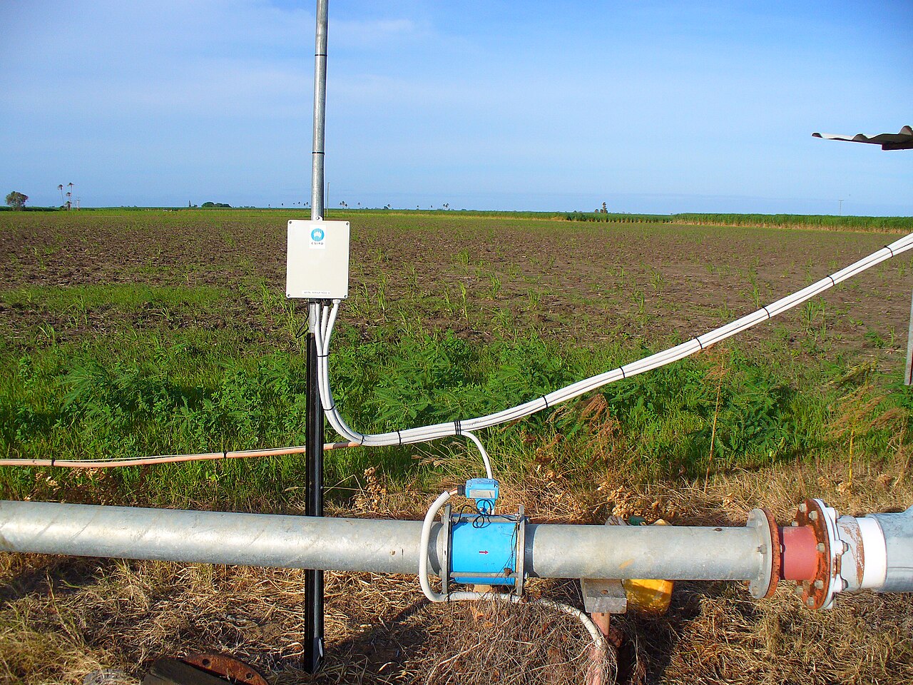 Tubazione di irrigazione e sensore nel campo