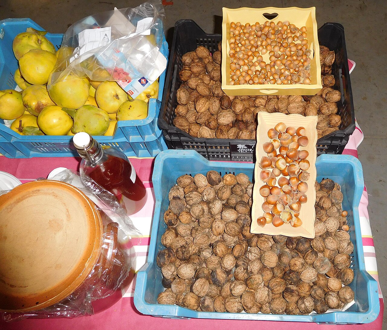 Nocciole e noci raccolte in casse